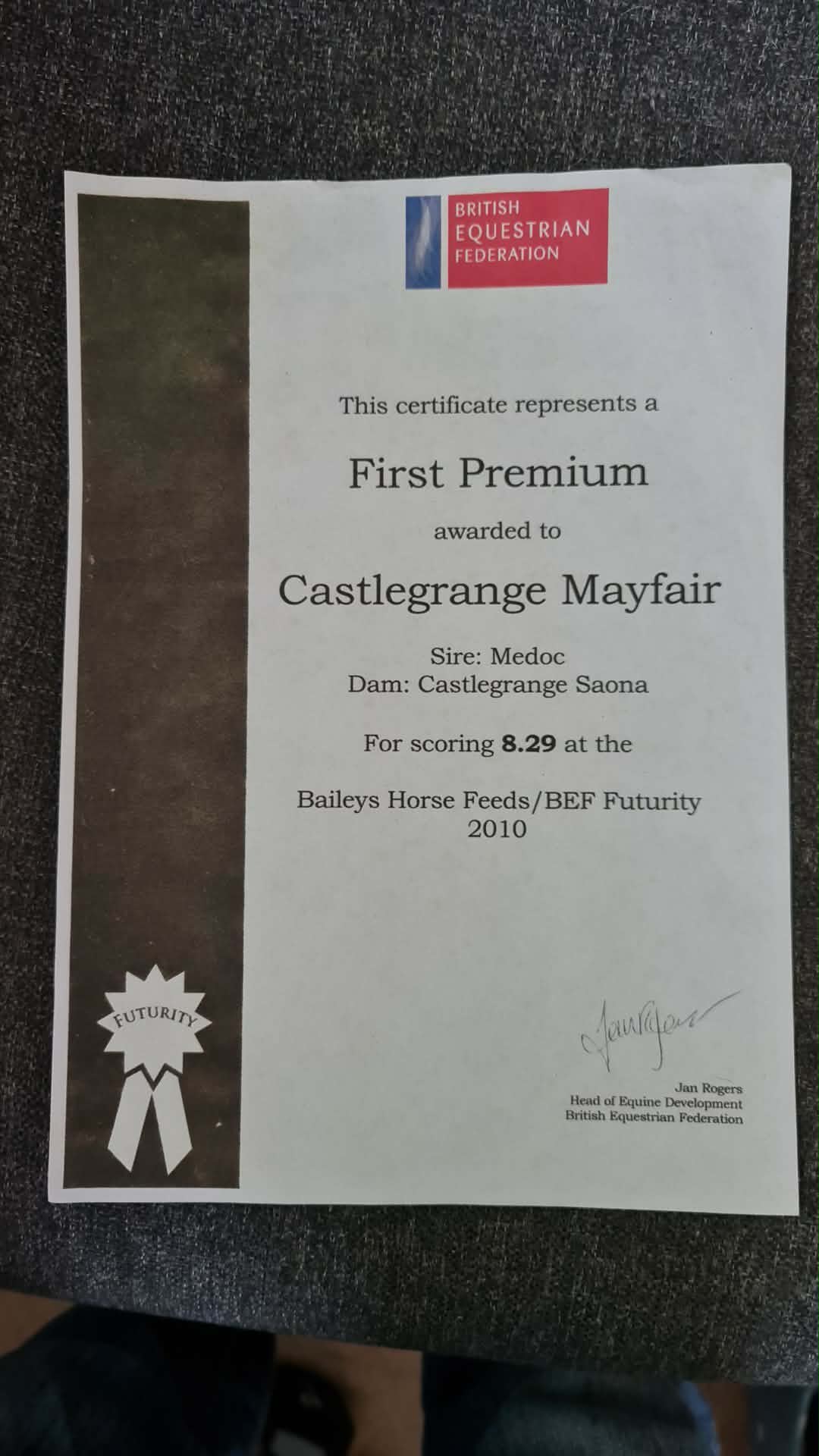 Castlegrange Mayfair First Premium certificate from the 2010 BEF Futurity showing a score of 8.29