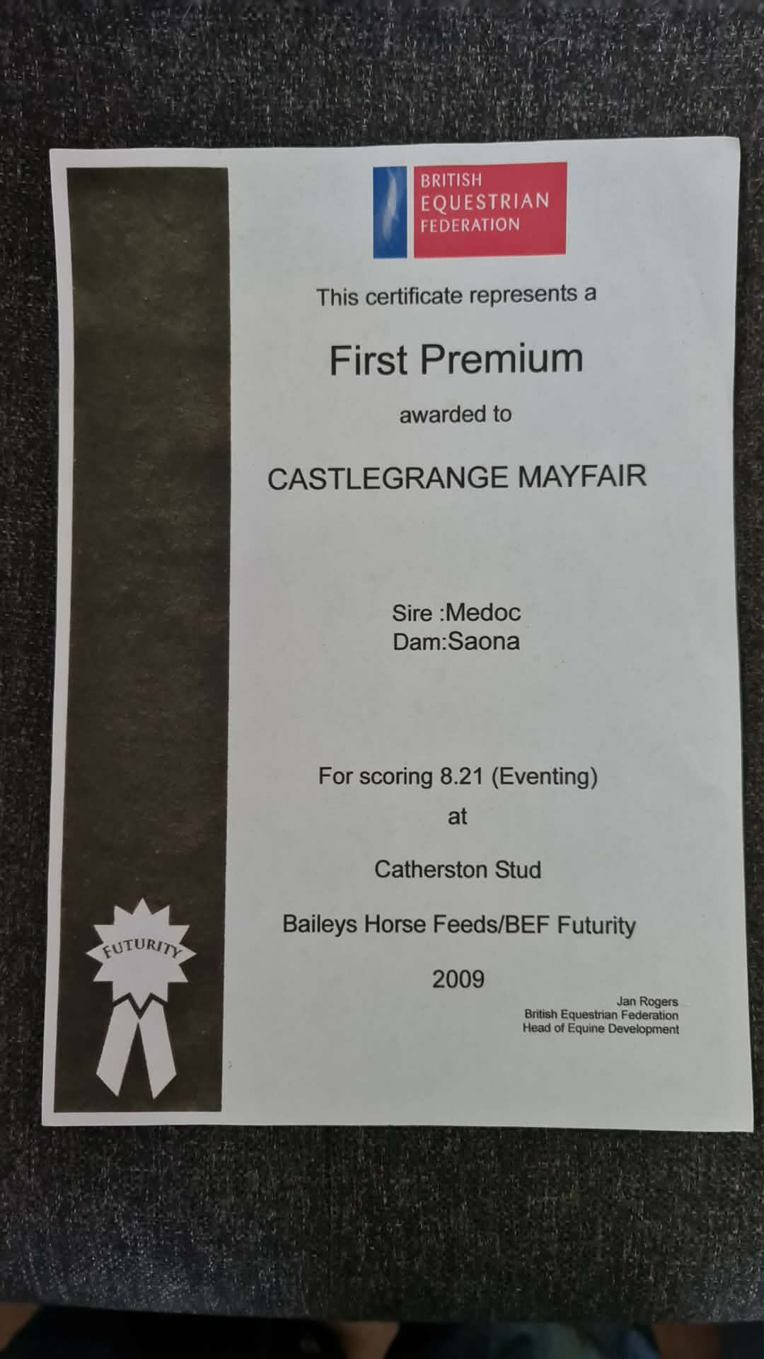 Castlegrange Mayfair First Premium Eventing certificate from the 2009 BEF Futurity